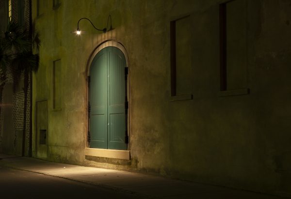 doors, charleston, night time, downtown, dock street, Queen Street. green and gold